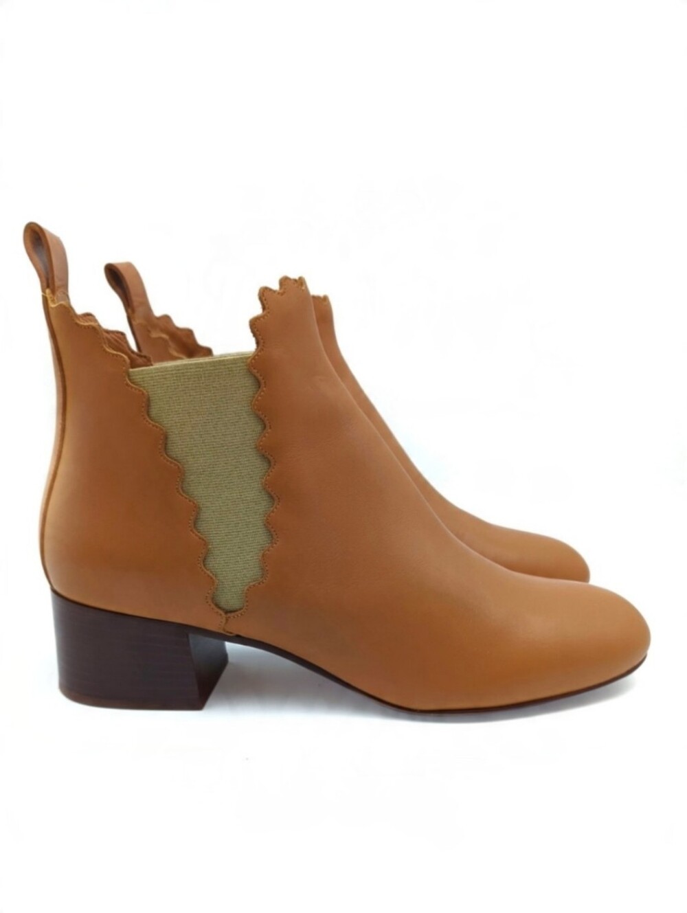 Chloe Lauren Scalloped Leather Chelsea Ankle Boots Camel Tan Brown 38 US 8